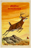 Vintage-style Western poster artwork showing a large buck deer leaping over rocks against a warm yellow-orange sky, with the text 'Western Winchester' at the top.
