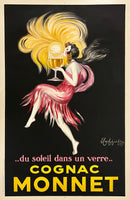 Authentic iconic original vintage COGNAC MONNET "sunshine in a glass" linen backed French food and liquor stone litho poster plakat affiche by master poster artist Leonetto Cappiello, circa 1927.