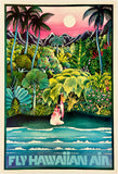 Vintage-style travel poster for Hawaiian Air with tropical landscape and people by the ocean.