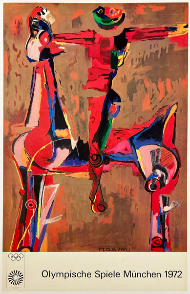 Abstract artwork with colorful figures on a brown background, featuring the Olympic Games Munich 1972 logo.