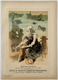 Vintage illustration of a woman and child by a body of water with a ship in the background.