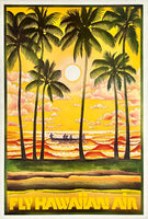 Authentic original vintage  FLY HAWAIIAN AIR linen backed airline travel and Hawaii tourism poster plakat affiche circa 1970.