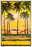 Authentic original vintage  FLY HAWAIIAN AIR linen backed airline travel and Hawaii tourism poster plakat affiche circa 1970.