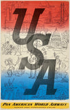 Pan American World Airways poster with large letter 'U' and cityscape background