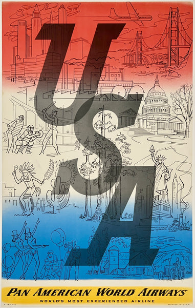 Pan American World Airways poster with large letter 'U' and cityscape background