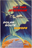 Extremely rare authentic original vintage FLY THE TWA JETSTREAM - POLAR ROUTE - EUROPE linen backed aviation travel and tourism poster plakat affiche by artist David Klein circa 1957.