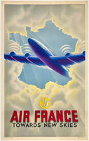 Beautiful authentic original vintage AIR FRANCE - TOWARDS NEW SKIES linen backed airline travel and tourism poster plakat affiche, printed by Perceval, Paris circa 1947.