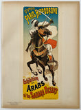 Vintage poster of a man on horseback with text about an exhibition of Arabs from the Sahara Desert at the Olympia Paris Hippodrome.