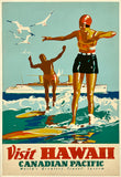 Vintage-style travel poster for Hawaii featuring two people on surfboards with seagulls and a ship in the background.