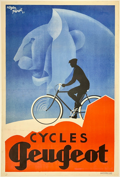 Rare authentic original vintage Cycles Peugeot linen backed French art deco affiche poster plakat affiche by artist Perot circa 1931.