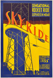 Vintage-style poster advertising 'Sky Ride' with a rocket and tower design.