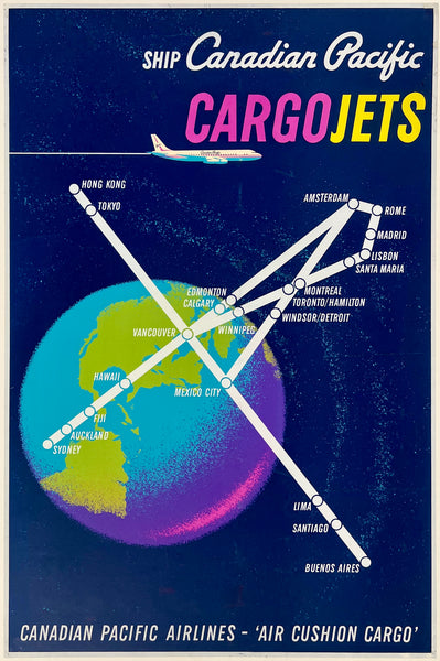 Rare authentic original vintage SHIP CANADIAN PACIFIC CARGO JETS linen backed travel and tourism silkscreen poster plakat affiche circa 1960s.