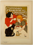 Vintage advertisement poster for Compagnie Française des Chocolats et des Thès featuring two women and a cat at a table.