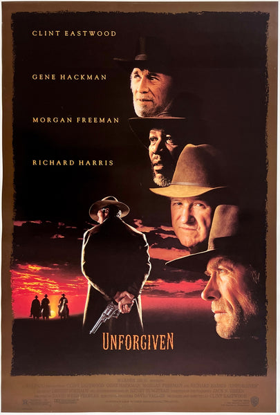 Original Unforgiven linen backed one sheet movie poster featuring Clint Eastwood, Richard Harris, Gene Hackman, and Morgan Freeman, circa 1992.