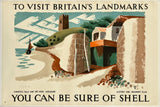 Vintage travel poster promoting Britain's landmarks with scenic illustration and Shell branding.