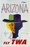Vintage travel poster for Arizona featuring stylized text reading 'ARIZONA' at the top and 'FLY TWA' at the bottom, with an illustrated woman in a wide-brimmed hat and desert landscape elements.
