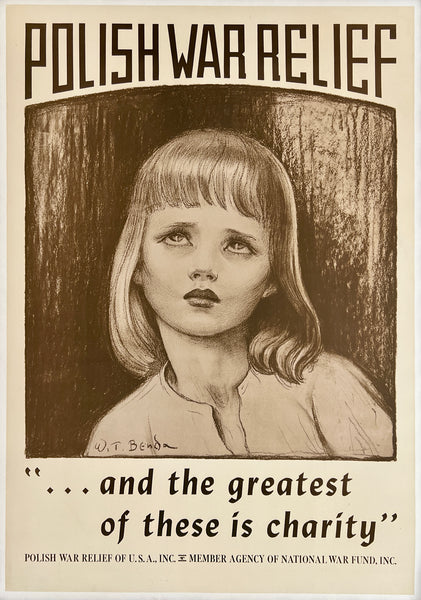 Vintage poster of a young girl with text about Polish War Relief and charity.