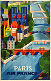 Vintage-style poster of Paris featuring a river, bridge, and iconic buildings with 'Paris Air France' text.