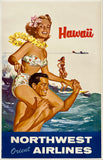 Vintage-style travel poster for Northwest Orient Airlines featuring a couple in Hawaii.