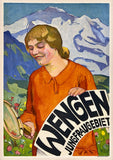 Rare authentic original vintage WENGEN - JUNGFRAUGEBIET - SWITZERLAND linen baked Swiss travel and tourism poster plakat affiche circa 1926.