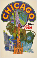 Original vintage Chicago - Fly TWA aviation linen backed travel poster plakat affiche by artist David Klein, illustrator of airline posters for Trans World Airlines destinations.