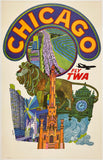 Original vintage Chicago - Fly TWA aviation linen backed travel poster plakat affiche by artist David Klein, illustrator of airline posters for Trans World Airlines destinations.