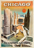 Vintage-style advertisement for Chicago featuring city skyline and text 'Fly Eastern Air Lines'.