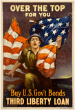 Vintage World War I poster with a soldier holding an American flag, encouraging bond purchases.
