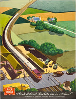 Rare authentic original vintage ROCK ISLAND ROCKETS ARE IN ACTION - GENERAL MOTORS - BERN HILL linen backed railway travel and railroad tourism poster by artist Bern Hill, circa 1950s.