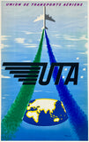 Vintage-style UTA travel poster showing an airplane flying through a blue sky and leaving green and blue smoke trails that form a globe shape. Large black 'UTA' lettering appears across the center, with 'UNION DE TRANSPORTS AÉRIENS' at the top.