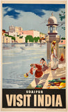 Authentic original vintage Visit India Udaipur linen backed Indian tourism and India travel poster plakat affiche circa 1950s.