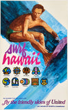 Original vintage SURF HAWAII - UNITED AIRLINES linen backed UAL airline travel and Hawaiian tourism poster plakat affiche circa 1970s.