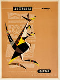 Qantas travel poster featuring an abstract kangaroo design on a brown background