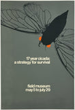 Advertisement for a 17-year cicada exhibit at the Field Museum with a cicada illustration on a gray background.