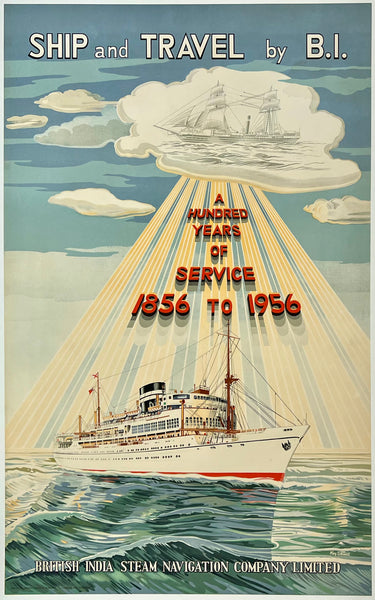 Rare authentic original vintage SHIP AND TRAVEL BY B.I. - BRITISH INDIA STEAM NAVIGATION COMPANY LIMITED linen backed travel and tourism poster plakat affiche by artist Kay Stewart, printed circa 1956.