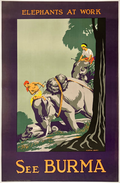 Extremely rare and authentic original vintage ELEPHANTS AT WORK - SEE BURMA linen backed Southeast Asian tourism and Asia Myanmar travel poster plakat affiche circa 1920s.