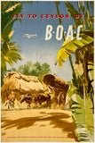 Vintage travel poster for Ceylon by BOAC with traditional scene and airplane.
