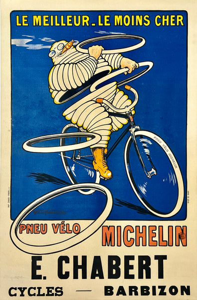 Extremely rare and authentic original vintage PNEU VELO MICHELIN  - LE MEILLEUR - LE MOINS CHER tire linen backed tyre affiche plakat poster by artist Roowy circa 1912.