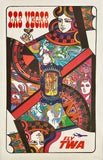 Colorful vintage poster for Las Vegas featuring a woman holding a cocktail, with 'Fly TWA' branding.