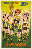 Rare authentic original vintage AIR-INDIA - WORLD CUP 1966 LONDON linen backed airline Russian travel and tourism poster plakat affiche circa 1965.