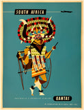 Qantas travel poster featuring a traditional South African dancer with a colorful headdress on a blue background.