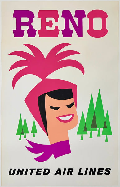 Rare authentic original vintage Reno United Air Lines linen backed UAL airline travel and tourism partial silkscreen poster plakat affiche circa 1960s.