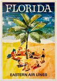 Vintage-style travel poster for Florida featuring a palm tree and beachgoers, with 'Eastern Air Lines' branding.
