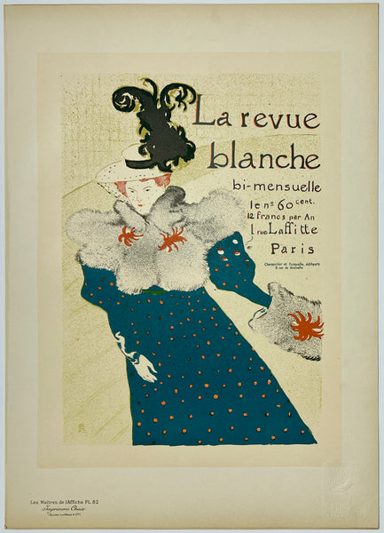Vintage advertisement for 'La revue blanche' with a woman in a blue dress and hat on a beige background.