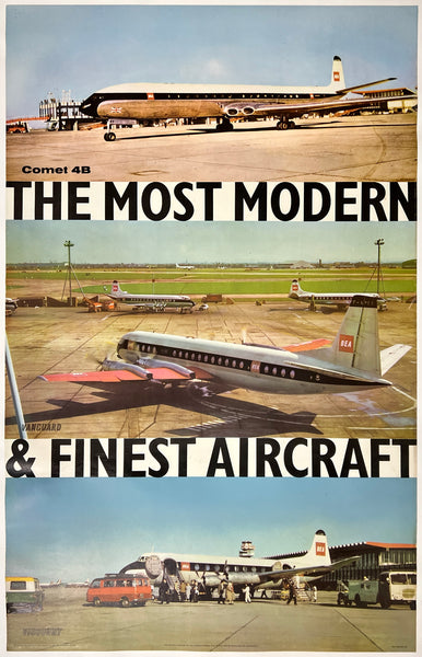 Rare authentic original vintage BEA - THE OST MODERN & FINEST AIRCRAFT - BRITISH EUROPEAN AIRLINES - COMET 4B - VANGUARD - VISCOUNT linen backed aviation travel and tourism poster plakat affiche circa 1962.