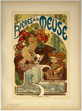 Vintage-style poster featuring a woman with flowers and a beer, with 'Bières de la Meuse' text.