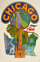 Original vintage Chicago - Fly TWA aviation linen backed travel poster plakat affiche by artist David Klein, illustrator of airline posters for Trans World Airlines destinations.