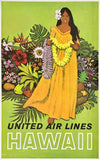 Vintage-style travel poster for United Air Lines Hawaii, featuring an illustrated woman in a yellow dress with a flower lei surrounded by tropical plants and flowers on a light green background.