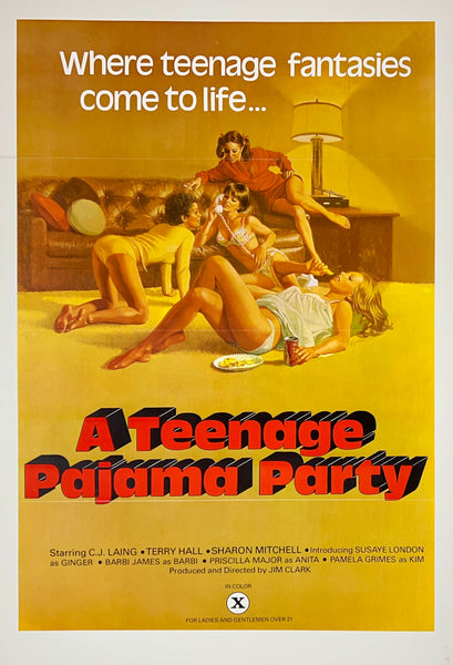 Original vintage A TEENAGE PAJAMA PARTY - WHERE TEENAGE FANTASIES COME TO LIFE... adults only erotic X-rated erotica linen backed one sheet movie poster circa 1977.