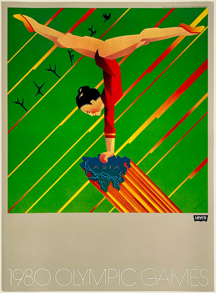 Original vintage 1980 OLYMPIC GAMES - LEVI'S - MOSCOW - ASIA - Gymnastics linen backed sports travel and tourism poster circa 1979.